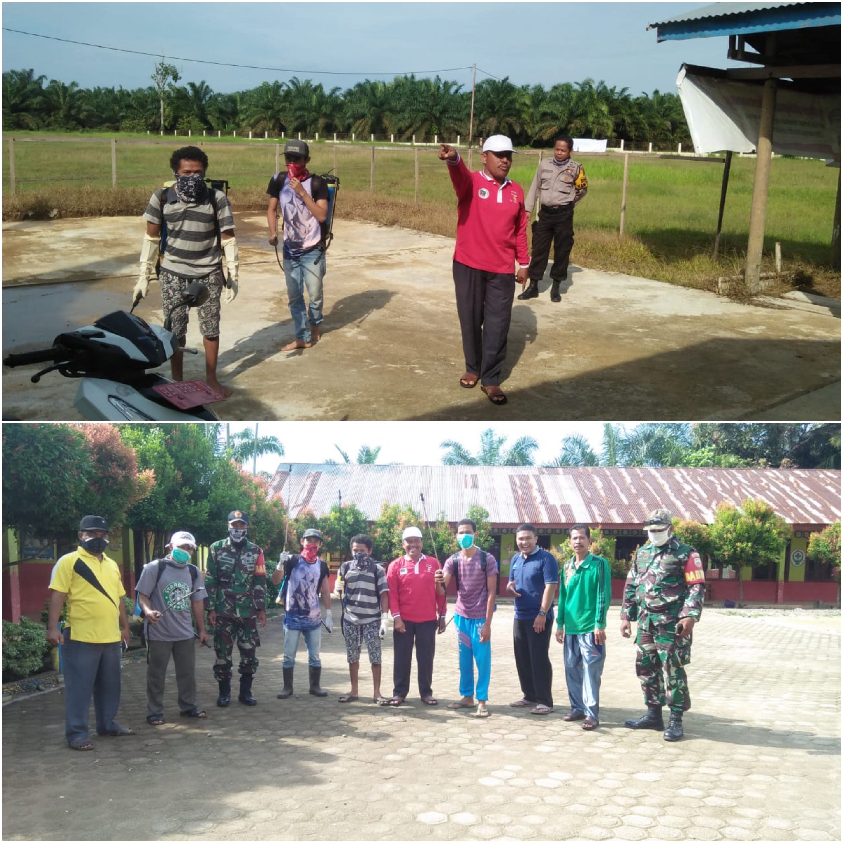 Wali Nagari Padng Laweh, H. Syahrul, turun langsung ke lapangan untuk penyemprotan disinfektan.