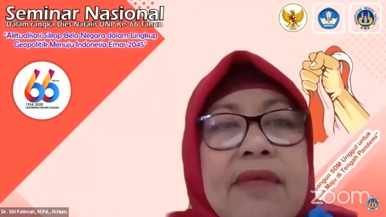 Dekan FIS UNP Siti Fatimah dalam seminar nasional aktualisasi bela negara dalam lingkup geopolitik menuju Indonesia emas 2045, Sabtu (24/10)
