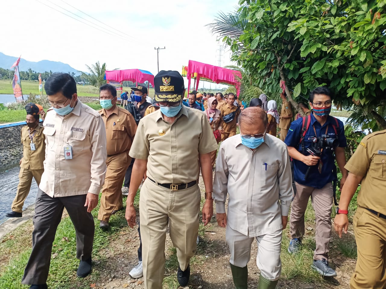 Gubernur Sumbar, Irwan Prayitno bersama Bupati Padang Pariaman, Ali Mukhni, dalam kegiatan Tanam Padi Seretak, di Lubuk Alung, Selasa (14/7/2020). Foto Humas Setda Sumbar. 