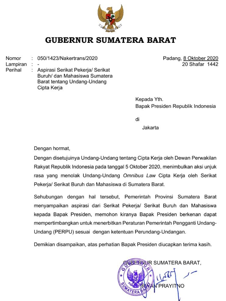 Surat resmi pemprov Sumbar kepada Presiden RI, yang ditandatangani Gubernur Irwan Prayitno.