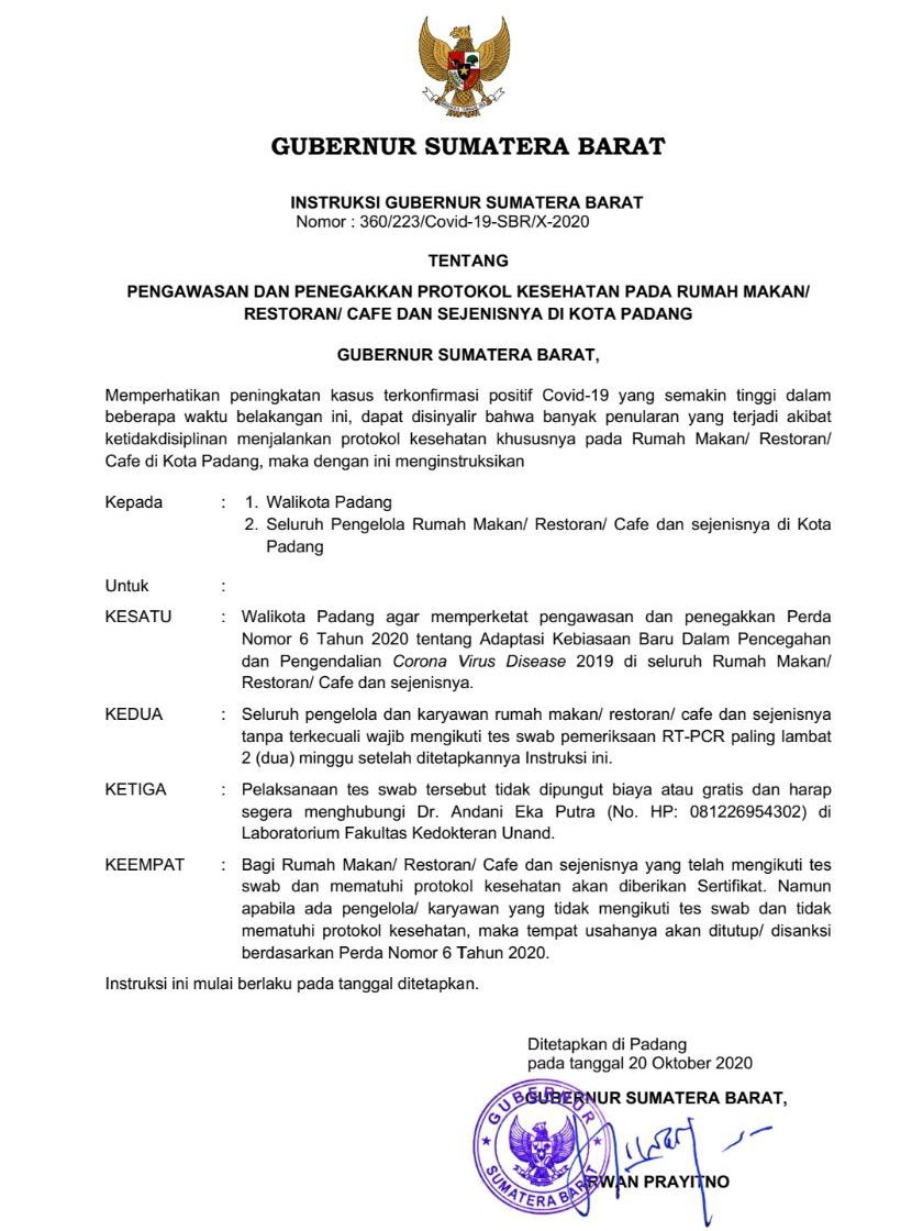 Instruksi Gubernur menyasar pengelola dan karyawan rumah makan, restoran, cafe dan sejenisnya di Padang, wajib Swab, digratiskan oleh pemprov Sumbar, Selasa (20/10/2020).
