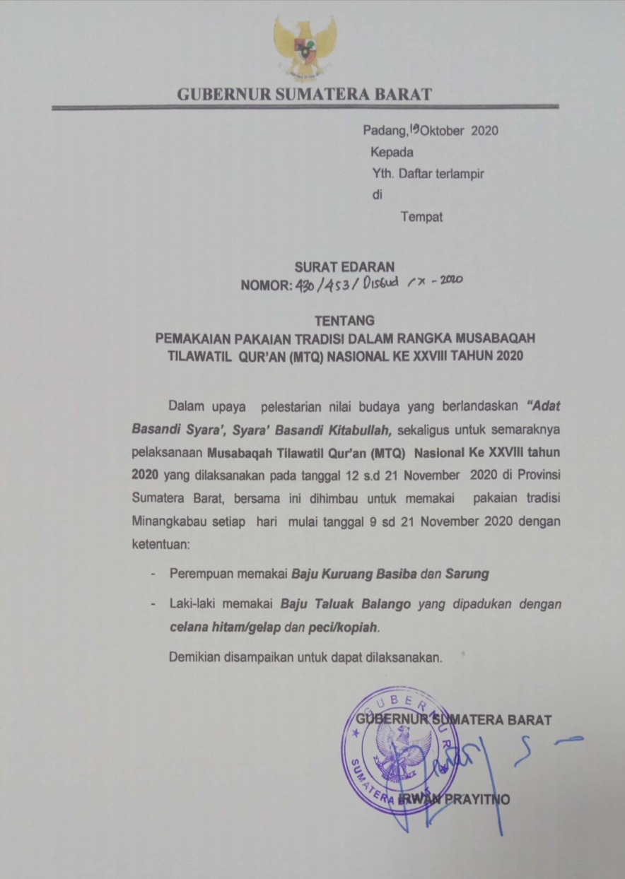 Surat Edaran Gubernur Sumbar, untuk berpakaian khas Minang menyambut MTQ Nasional ke 28 di Sumbar, Senin (9/11/2020). 