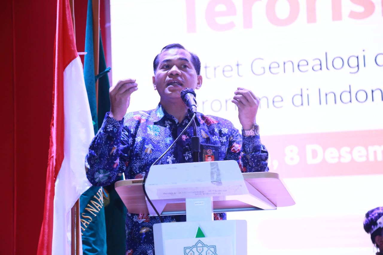 Direktur Pencegahan BNPT, Taufan Bakri, dalam bedah buku Bayang-bayang Terorisme, Selasa (8/12/2020), di auditorium Perpustakaan Nasional RI, Jakarta.   