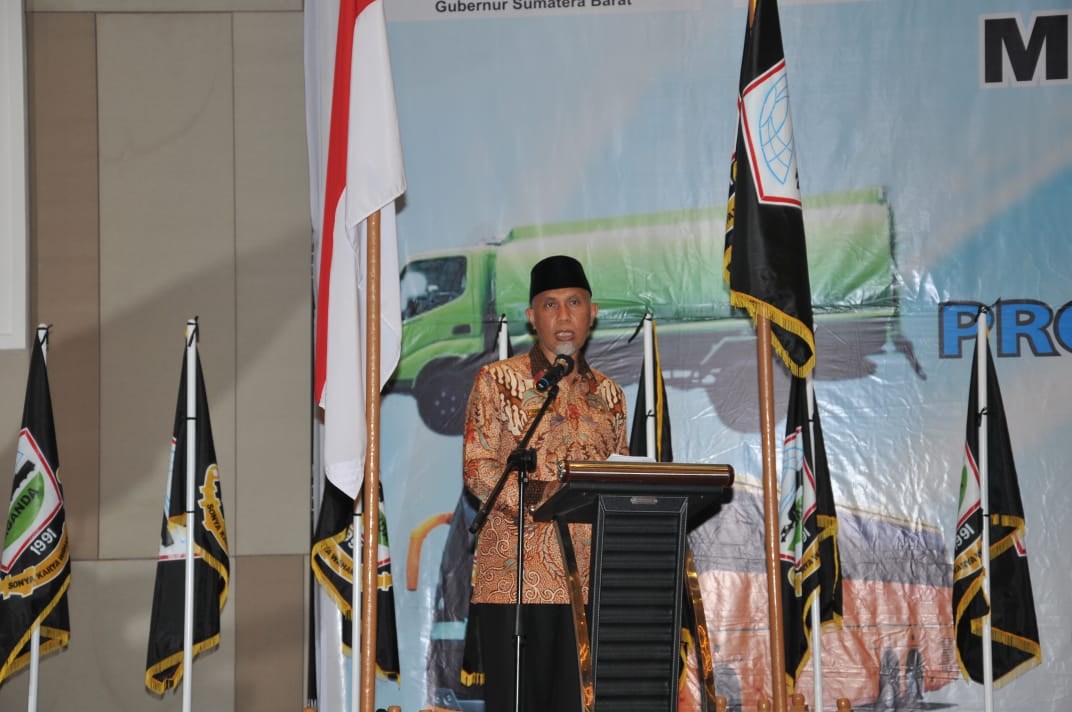 Gubernur Sumbar, Mahyeldi, memberi sambutan pada Musda XIV Organda Sumbar, di Padang, Kamis (25/3/2021).