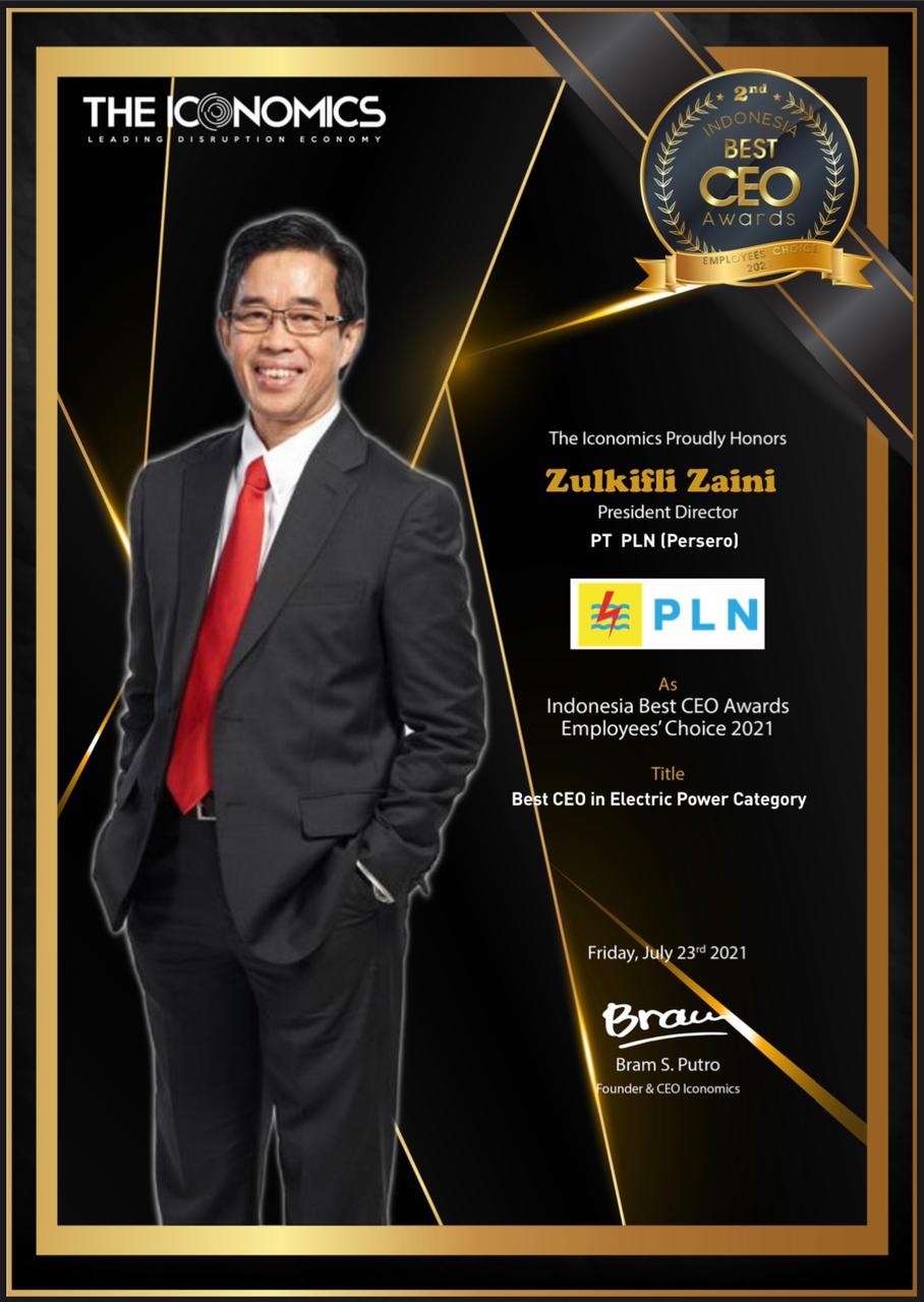 Dirut PLN Zulkifli Zaini meraih penghargaan Indonesia Best CEO Award 2021 Employees Choice. Penghargaan pada kategori Electric Power ini diberikan oleh Iconomics Research and Consulting.