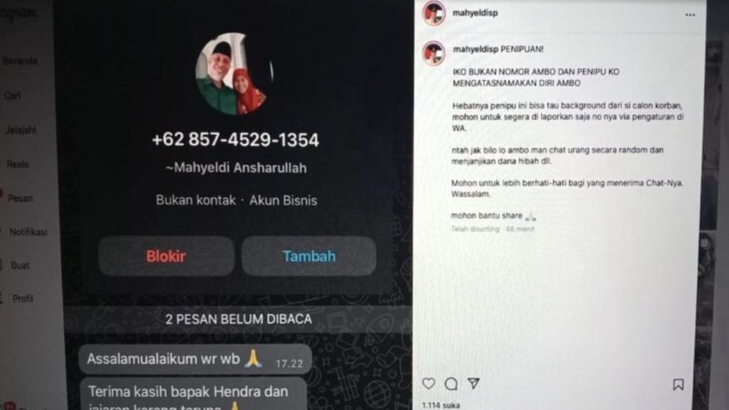 Cuplikan postingan Gubernur Sumbar atas penipuan. Foto Adpsb.