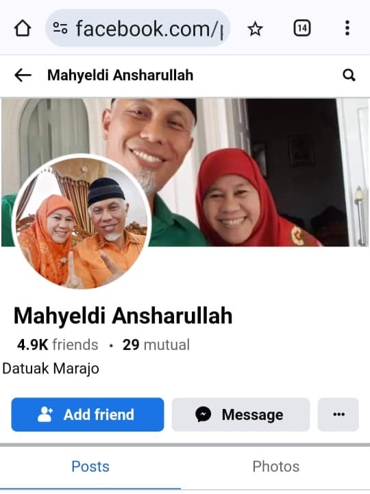 Tangkapan layar akun FB bodong berkedok penipuan atas nama Gubernur Sumbar Mahyeldi Ansharullah. Foto Adpsb. 