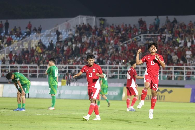 Selebrasi Zanadin Fariz dalam laga Kualifikasi Piala Asia U23 2026 antara Timnas U23 Indonesia vs Makau di Gelora Delta Sidoarjo, Sabtu (6/9/2025).(KOMPAS.com/Suci Rahayu)