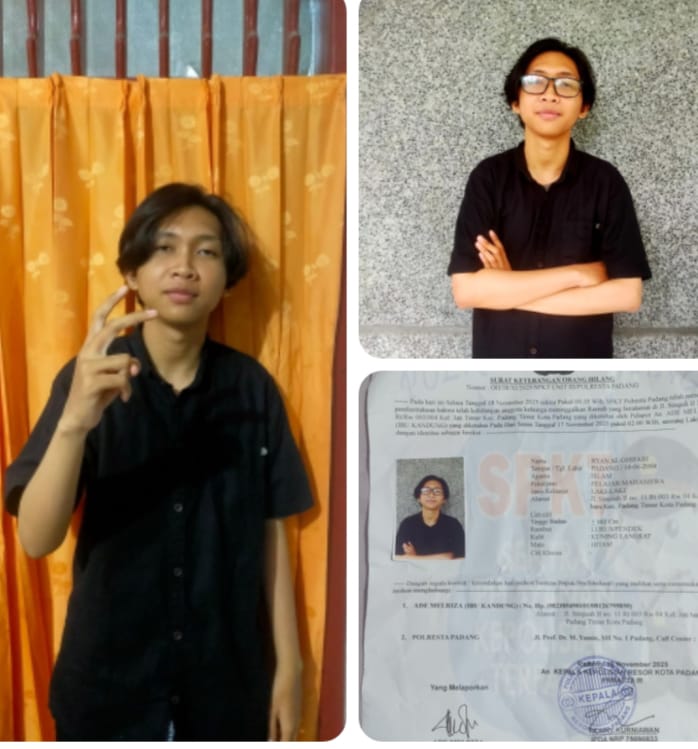 Ryan Al Ghifari (21 tahun), mahasiswa Informatika-Unand sudah sepuluh hari minggat dari rumah sejak (17/11/2025). Foto ist.