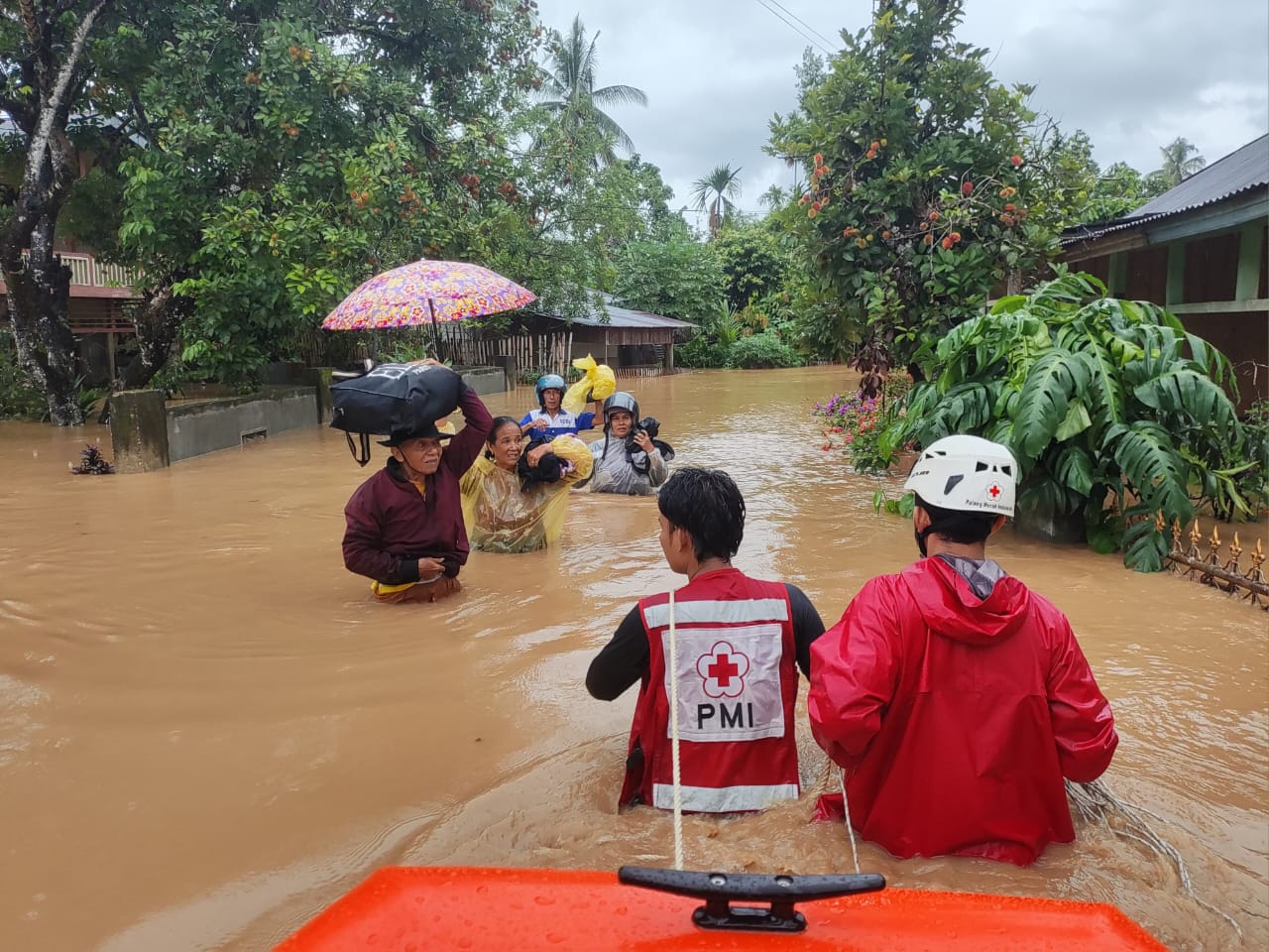 Relawan PMI di lokasi bencana ikut membantu proses evakuasi warga yang terjebak dirumahnya bersama BPBD, Basarnas, Damkar dan Stakeholder lain. Foto PMI.