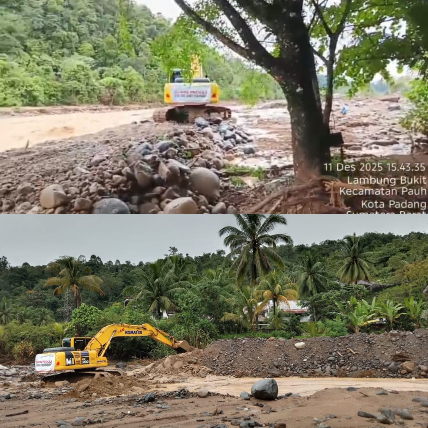Alat berat dari PT Semen Padang tengah melakukan pekerjaan membuat tanggul sungai agar aliran sungai ketika meluap tidak mengarah ke pemukiman masyarakat di Batu Busuk. Alat berat ini sudah bekerja di Sungai Batu Busuk sejak 5 Desember 2025 hingga sekaran