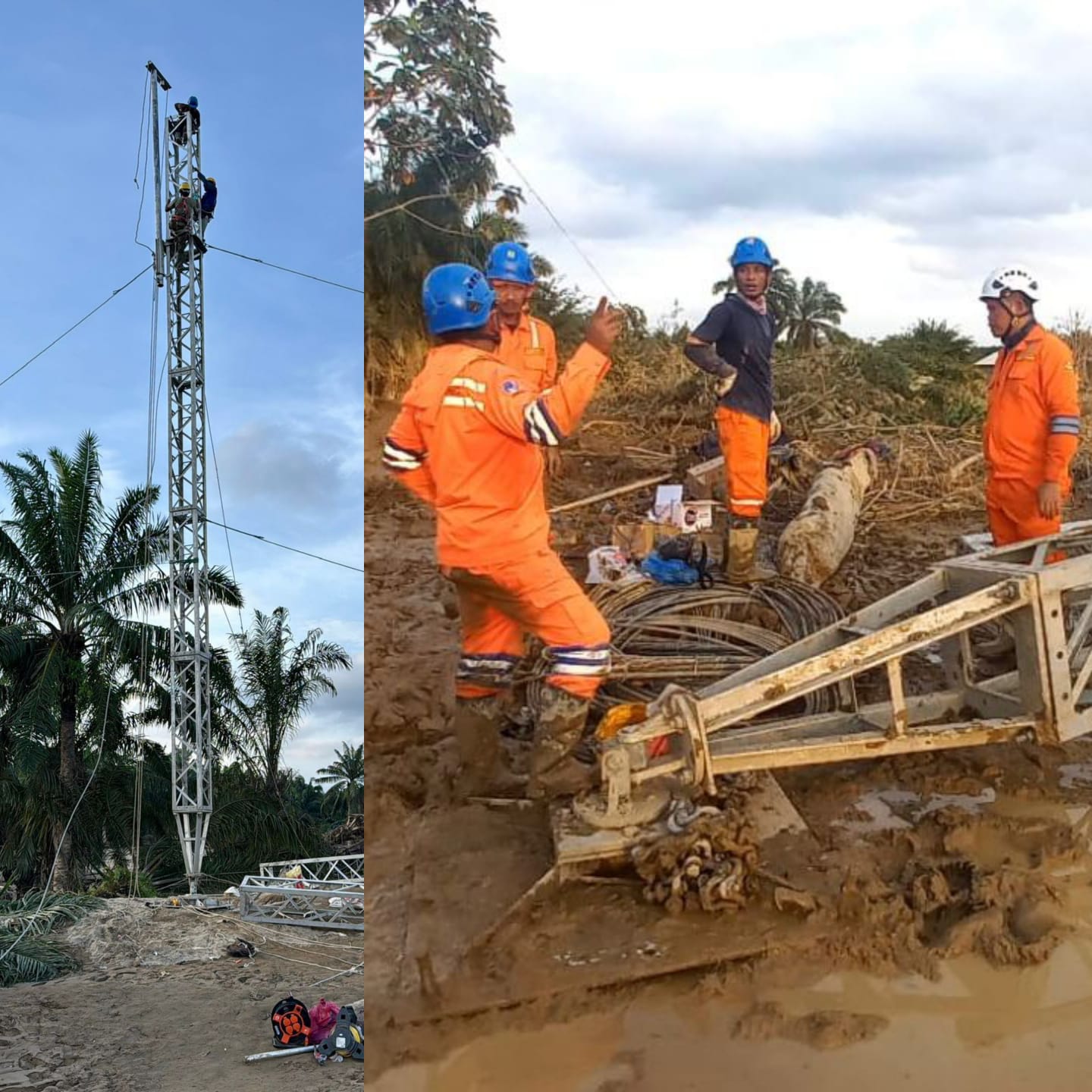 Di tengah medan yang berlumpur, petugas PLN melakukan perakitan tower darurat dan pendirian tower  di jalur transmisi Langsa-Pangkalan Brandan. [
