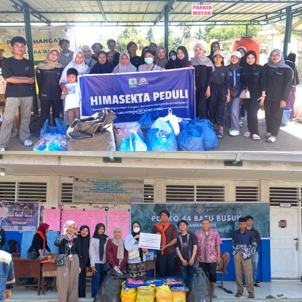 Penyaluran bantuan di posko 44 Batu Busuk, serta bantuan di Lubuk Minturun kerja sama CCF dan HIMASEKTA UNAND