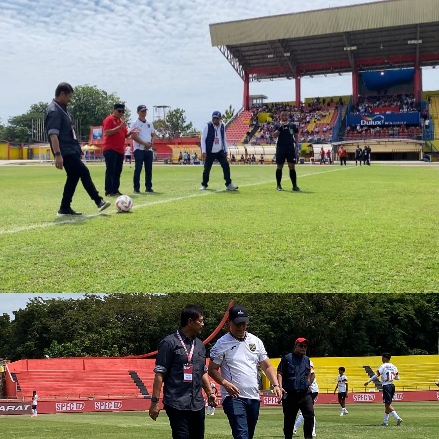 Indra Sjafri lakukan tendangan kick off Liga 4 Sumbar 2025/2026 (Foto: Heru)