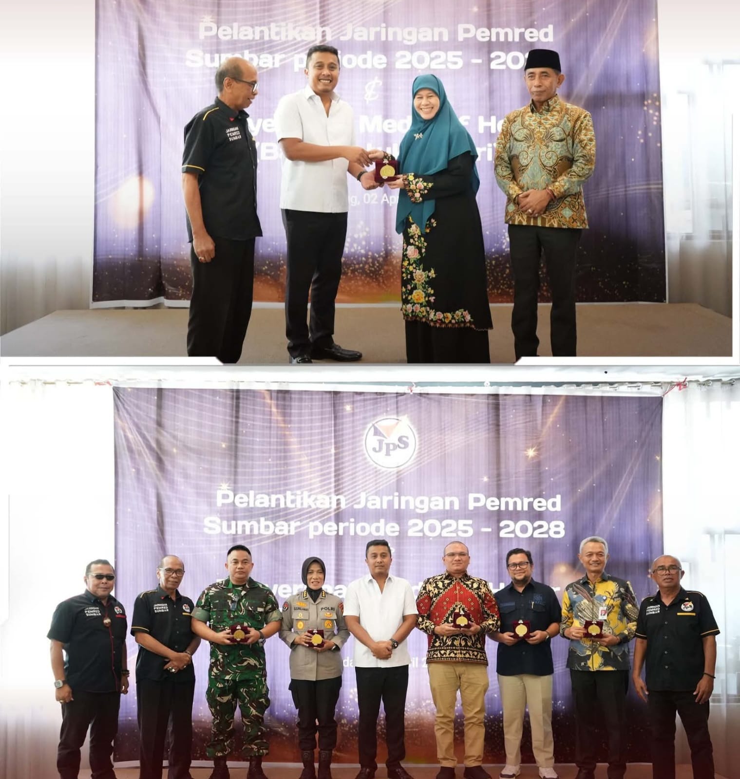 Wakil Gubernur Sumbar Vasko, menyerahkan penghargaan JPS Medal of Honor “Bakti untuk Negeri” kepada salah satu penerima Ummi Harneli Malyledi. Foto Adpsb. 