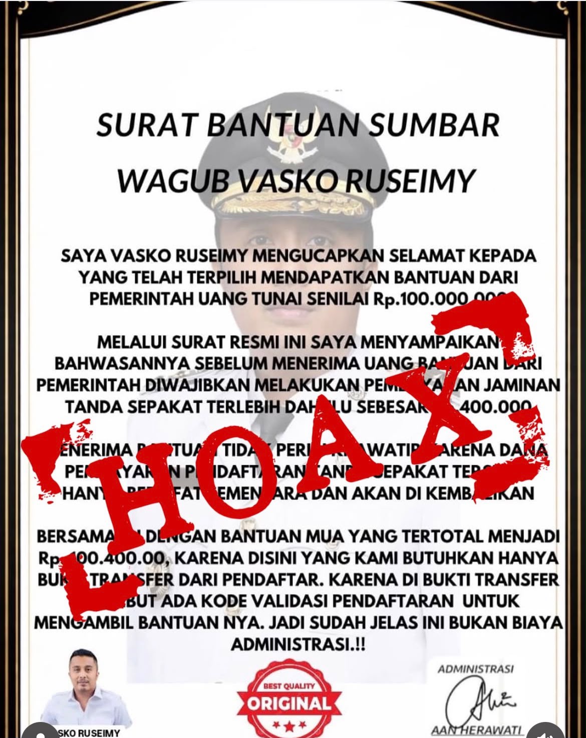 Modus penipuan mengatasnamakan Wagub Sumbar. Vasko Ruseimy. Foto Adpsb. 