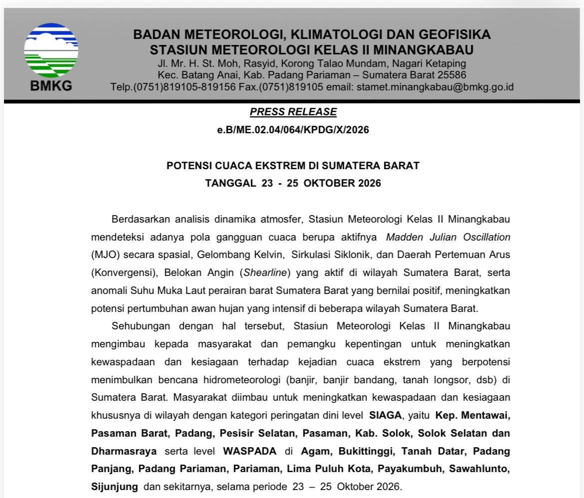 BMKG mengeluarkan peringatan dini potensi cuaca ekstrem di Sumbar pada 23–25 Oktober 2026. Foto Adpsb.