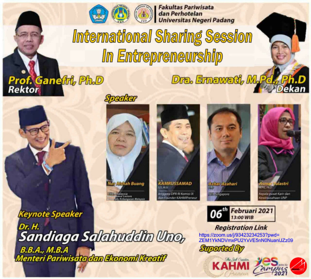 Fakultas Pariwisata dan Perhotelan Universitas Negeri Padang (UNP) menyelenggarakan webinar “Internasional Sharing Section In Enterpreneur”