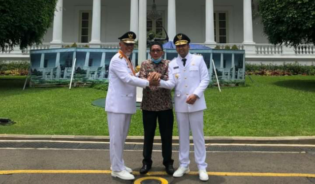 Gubernur Sumbar Mahyeldi bersama Wakil Gubernur Audy Joinaldi dan Wawako Padang Hendri Septa.
