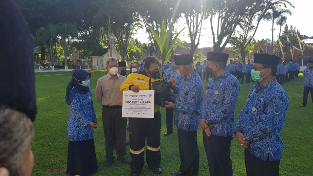 Staf  Environment Monitoring Officer Unit Health Safety Environment (SHE) PT Semen Padang Ferdy Dinardo menyerahkan secara simbolis 1000 bibit pohon kelapa kepada Gubernur Sumbar Mahyeldi Ansharullah, Kamis (17/6/2021).