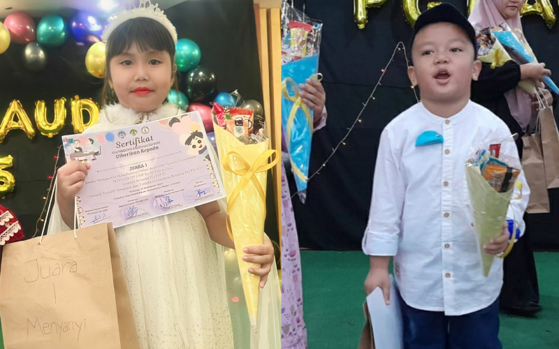 Nania sukses meraih juara 1 (kiri), Zafran saat meraih penghargaan (kanan)